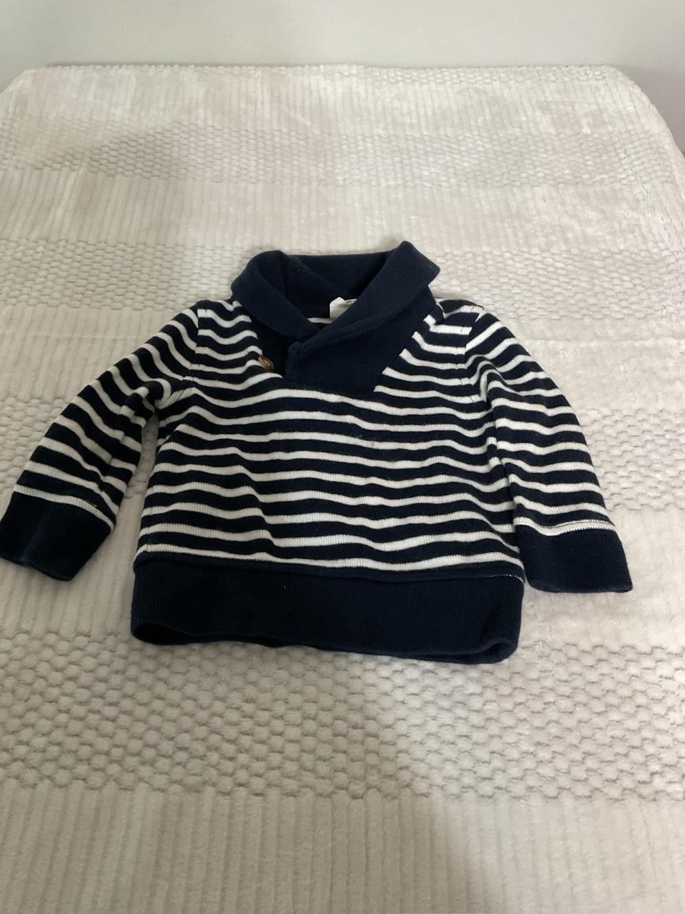 GAP Navy and White Striped Shawl Collar Sweater
